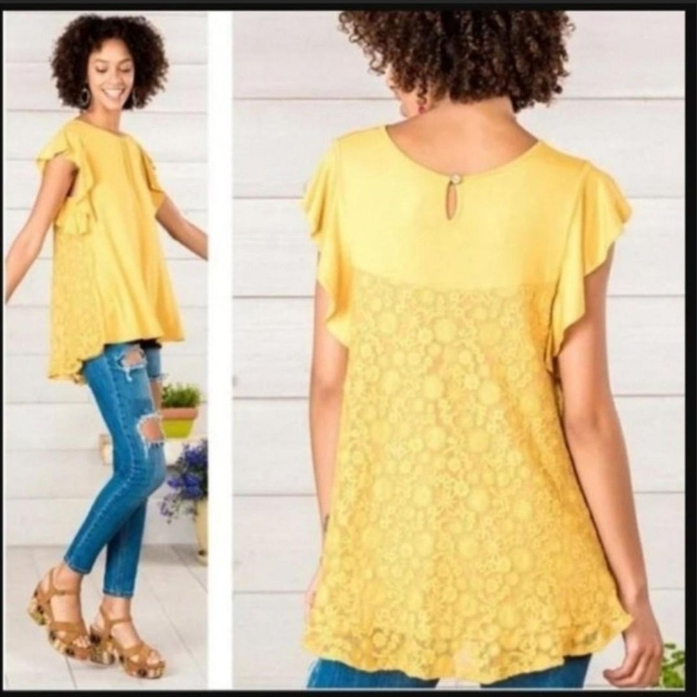 Matilda Jane Mustard Bocce Ball Lace Accent Flounce Short Sleeve Top XS